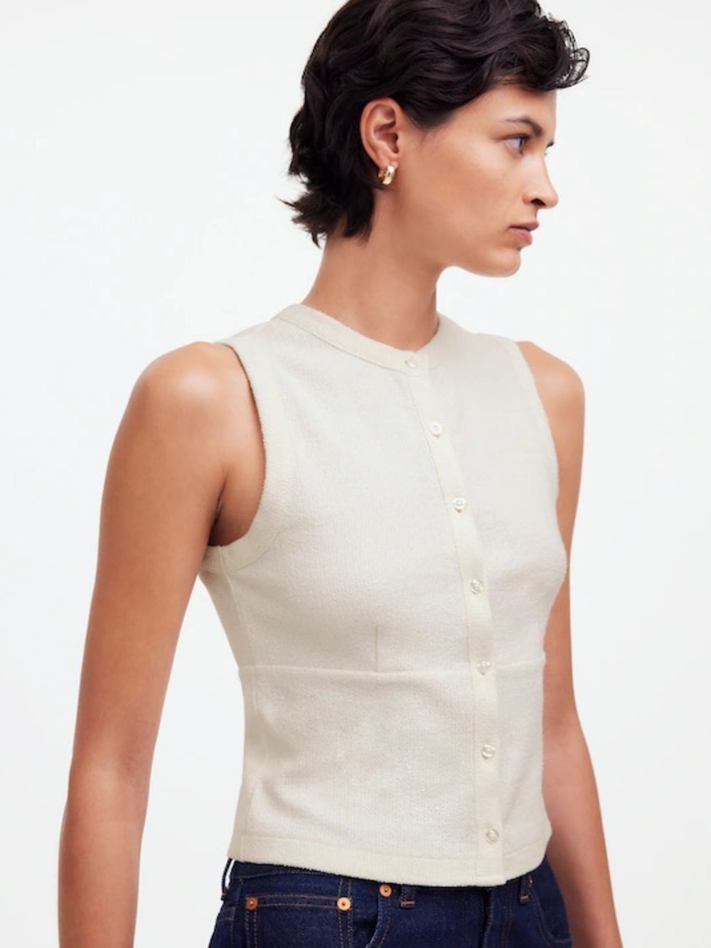 Madewell Split-Crewneck Cardigan Tank Knit Vest Cream Size L